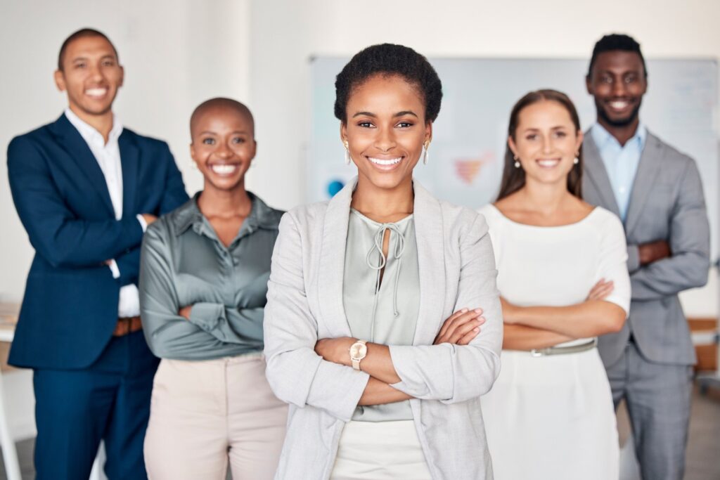 black-woman-leadership-portrait-and-happy-teamwork